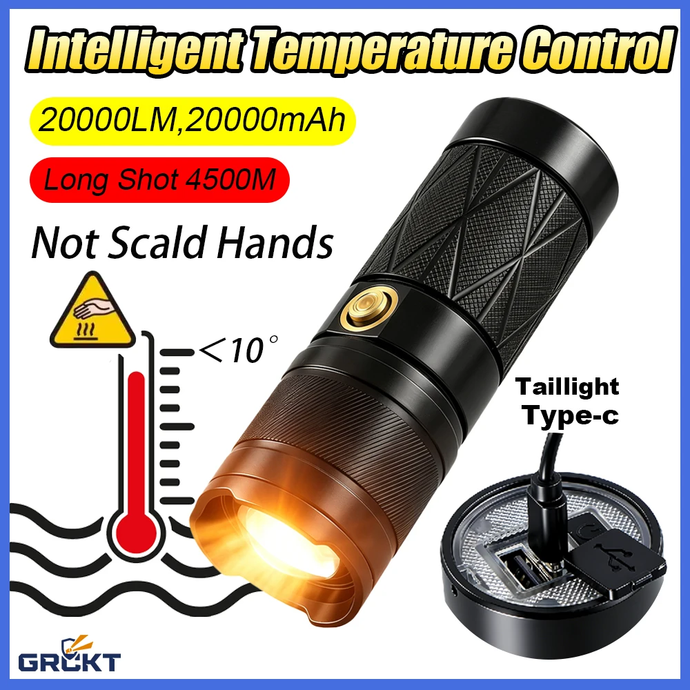 GRCKT Automatic Dimming High Power Rechargeable LED Flashlight Waterproof 18650 4 Battery Tactical Torch 20000LM Night Light