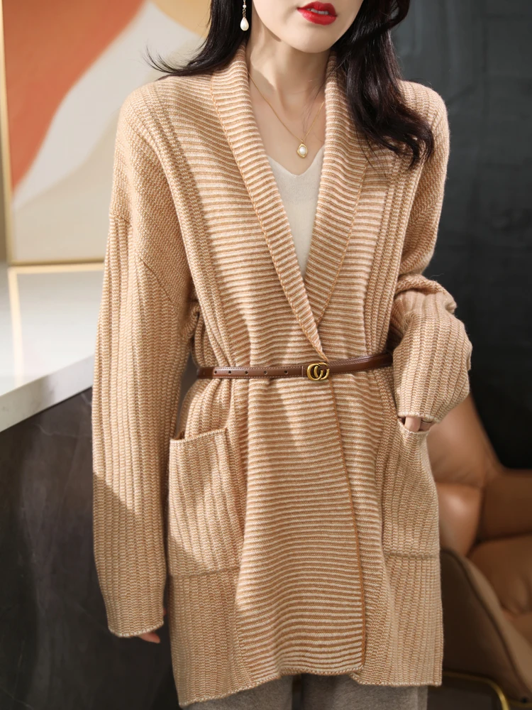 ADDONEE High Quality Women Long Cardigan Autumn Winter Cashmere Sweater Thick Grace Casual Loose Coat 100% Merino Wool Knitwear