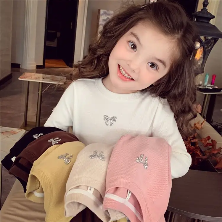 2-8Y 2026 Autumn Bow T-shirt Embroidered Girls Base Layer Fashionable Long Sleeved Simple Sweet and Cute Knitted Top for Girls