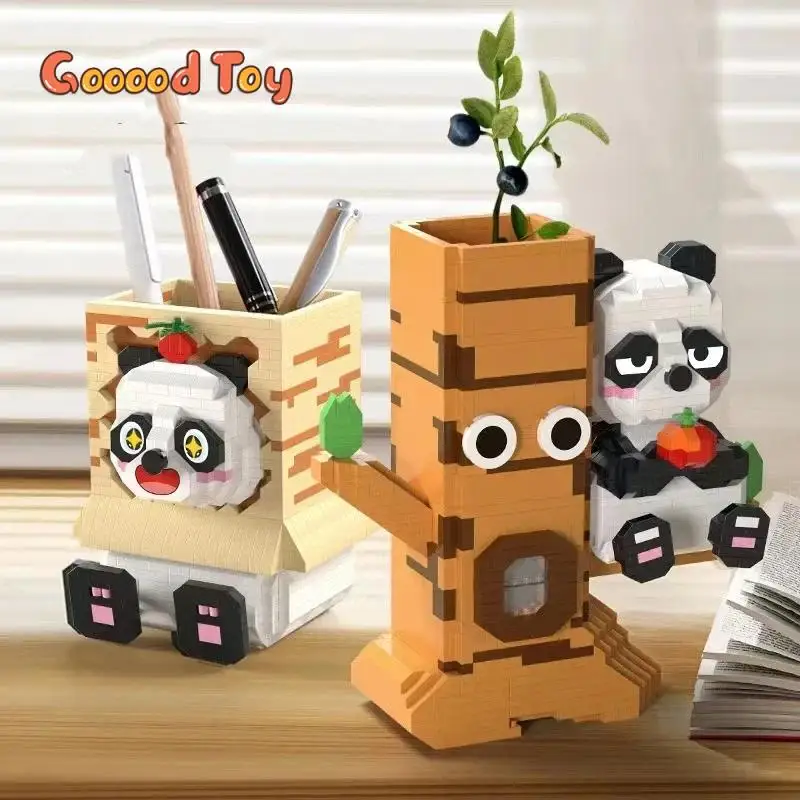 Bloques creativos de Panda para niños, soporte para bolígrafos, modelo de bloques de construcción DIY, Panda chino, árbol, diamante, Micro bloques, juguete educativo para niños, regalo