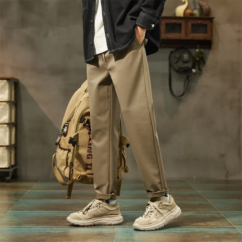 

Spring Autumn Men's Clothing Elastic Pockets High Waist Solid Color Casual Straight Cargo Trousers Preppy Style Vintage Pants