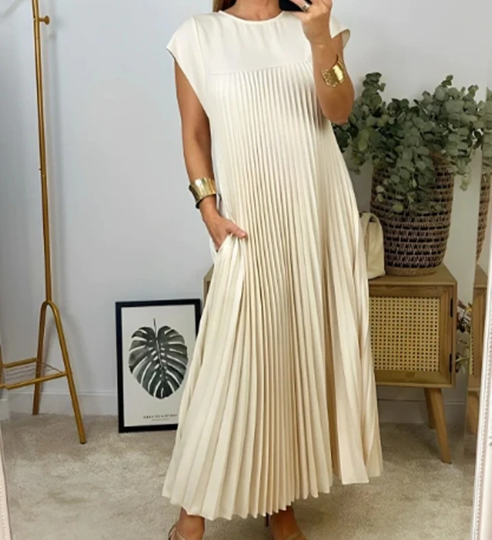 

Элегантное женское платье 2024 весеннее хлопковое однотонное Плиссированное вязаное платье без рукавов с круглым вырезом ТРАПЕЦИЕВИДНОЕ облегающее длинное платье макси в полоску