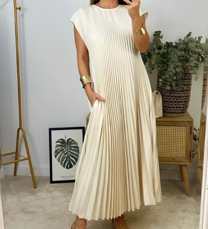 

Elegant Womens Dress 2024 Spring Cotton Sleeveless Solid Pleated Knit Dress Round Neck A-Line Pit Strip Slim Long Maxi Dress