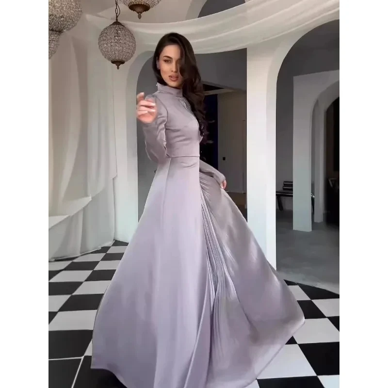 

Women's Round Neck Color Blocked Long Sleeved High Waisted Elegant Retro Dress Spring New Product