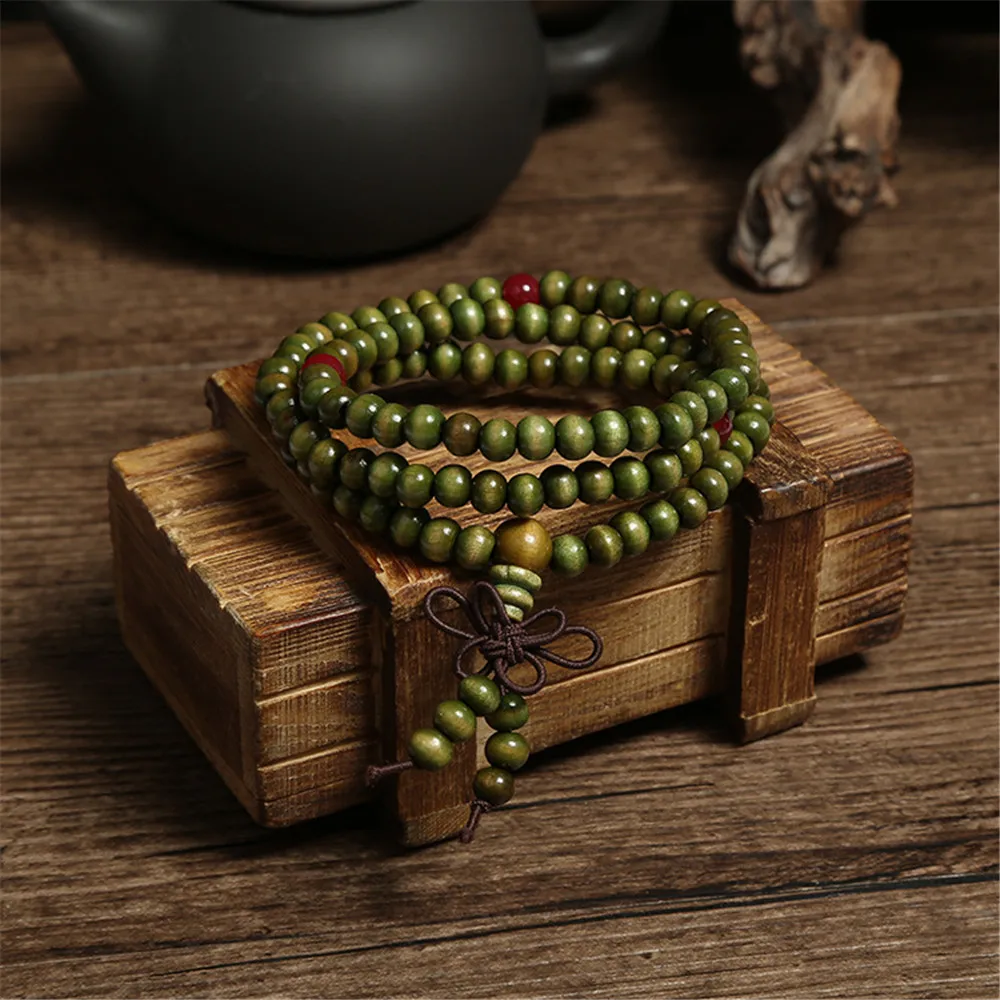 Green 6mm Natural Sandalwood Bracelets & Bangles For Women Buddhist Buddha Wood Prayer Bead Mala Unisex Men Jewelry Bijoux A245