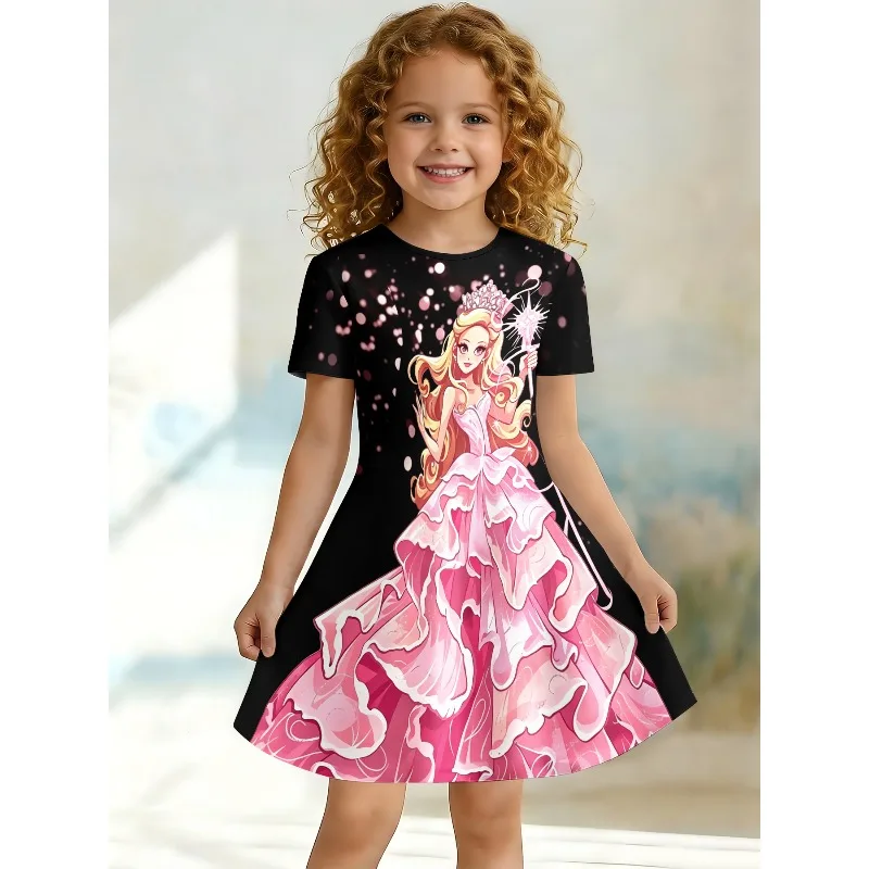 Cute and Shiny Magic Wand Princess Print Girl Casual Dress Fairy Tale Design Short Sleeved Dress Suitable for Birthday Gifts