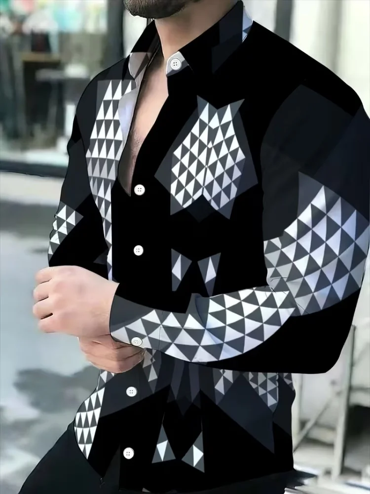 Men's long sleeved lapel shirt with contrasting triangle geometric splicing printed top for daily commuting and leisure travel