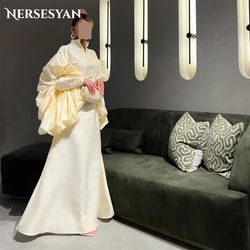 Nersesyan Saudi Arabia Satin Formal Evening Dresses Puffy Puff Sleeves Buttons Party Gowns For Occasional Celebrity فساتين السهر