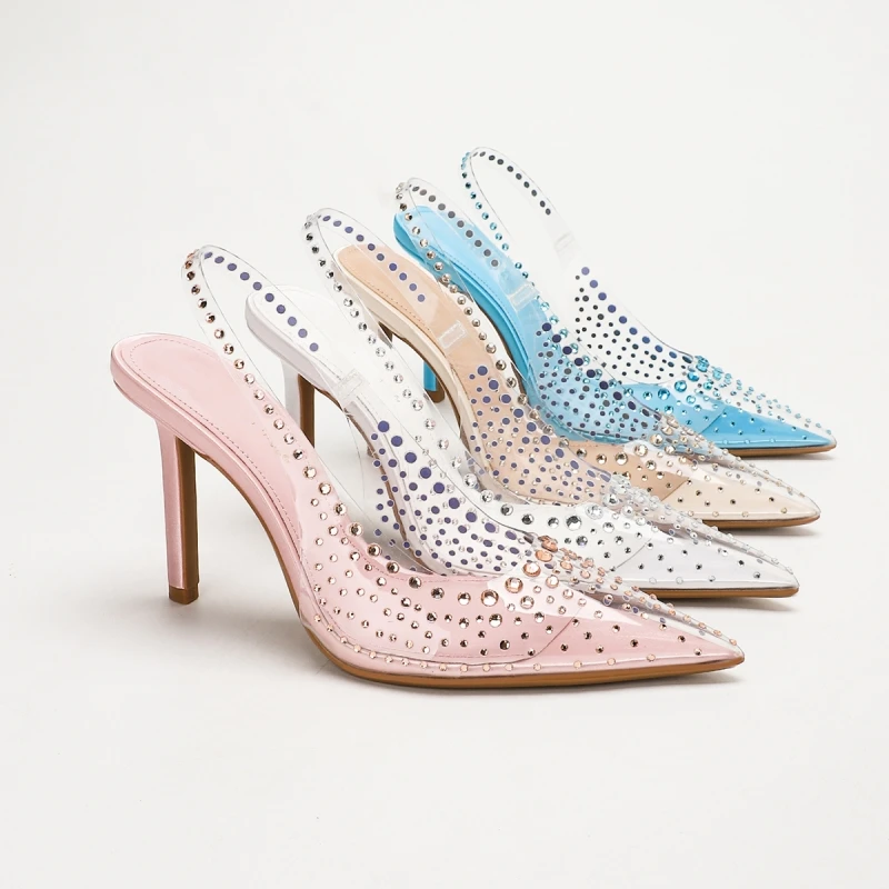 New Women's Summer High-Heeled Sandals: Pointed-Toe Rhinestone Heels with Transparent TPU and Slingback Design