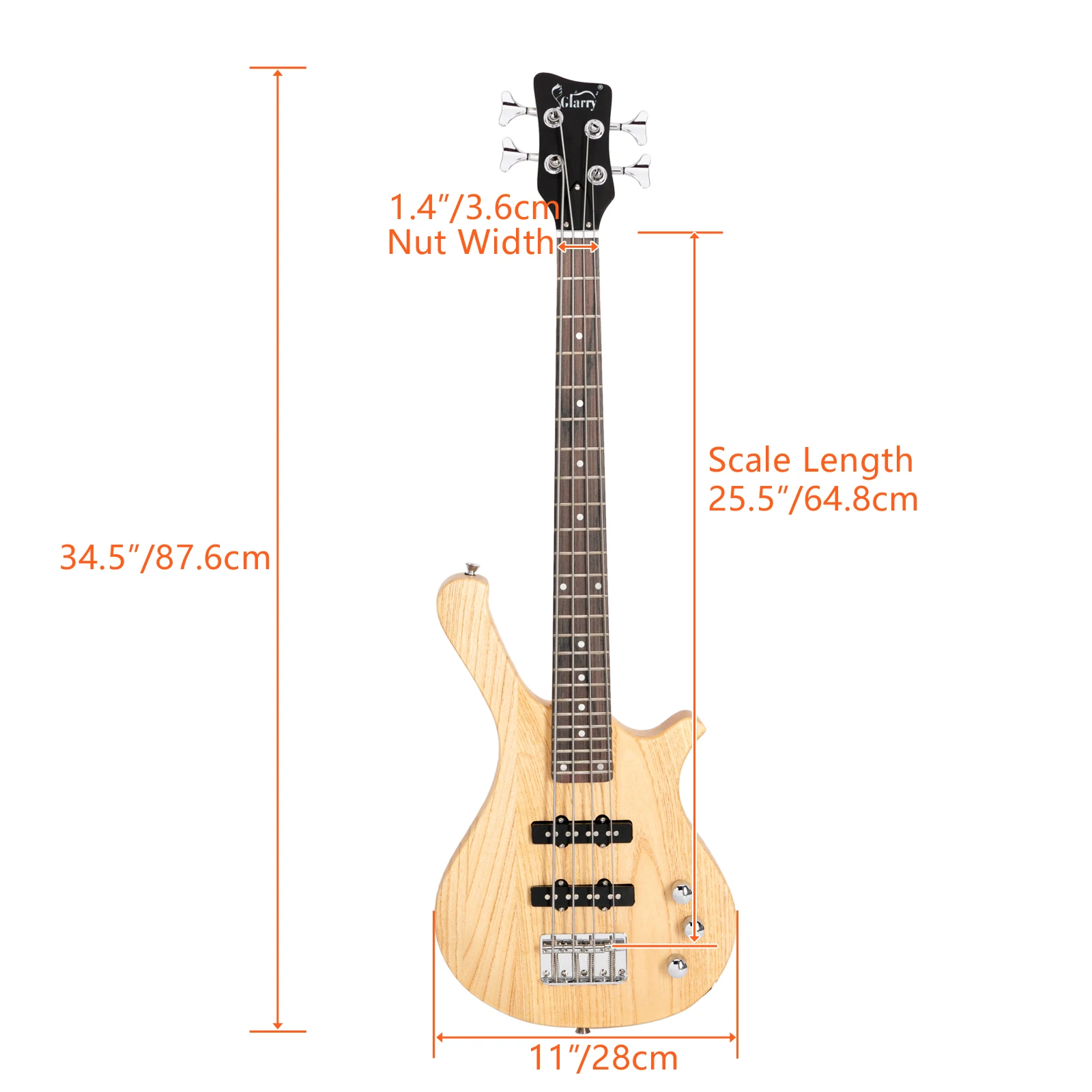 Glarry GW101 36in Small Scale Electric Bass Guitar Suit With Mahogany Body SS Pickups, Guitar Bag, Strap, Cable Burlywood