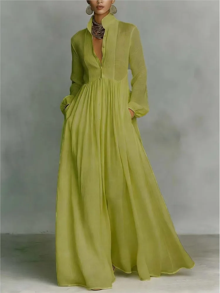 New Elegant High Waist Swing Long Dress Woman Spring Solid Pockets Pleated Maxi Dress Autumn Long Sleeve Button Evening Dress - Image 5