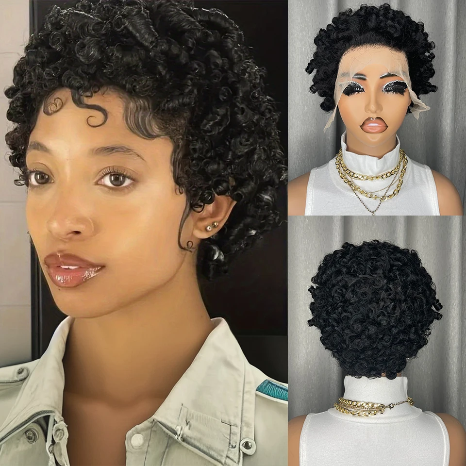 

Женский короткий афро-кудрявый вьющийся парик из натуральных волос 13x4 HD, кружевной фронтальный черный парик с стрижкой пикси, удобная повседневная прическа