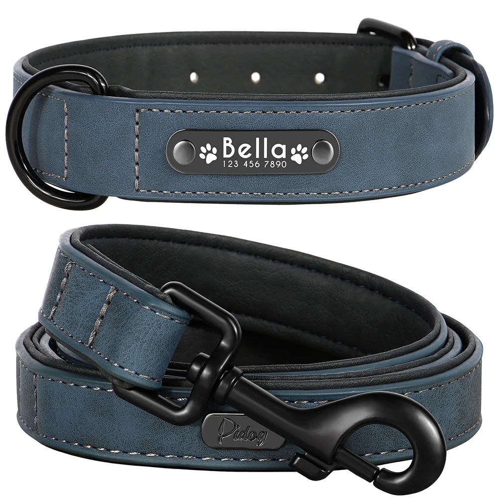 Personalisiertes PU-Leder-Hundehalsband-Leinen-Set, weich gepolsterte Hundehalsbänder, gravierte Haustier-ID-Halskette mit Leine für kleine große Hunde, Mops – Detail 6