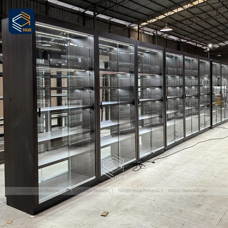 custom.Retail Display Cabinet Sliding Glass Wooden Framed Lockable Shelving Units with LED Lighting