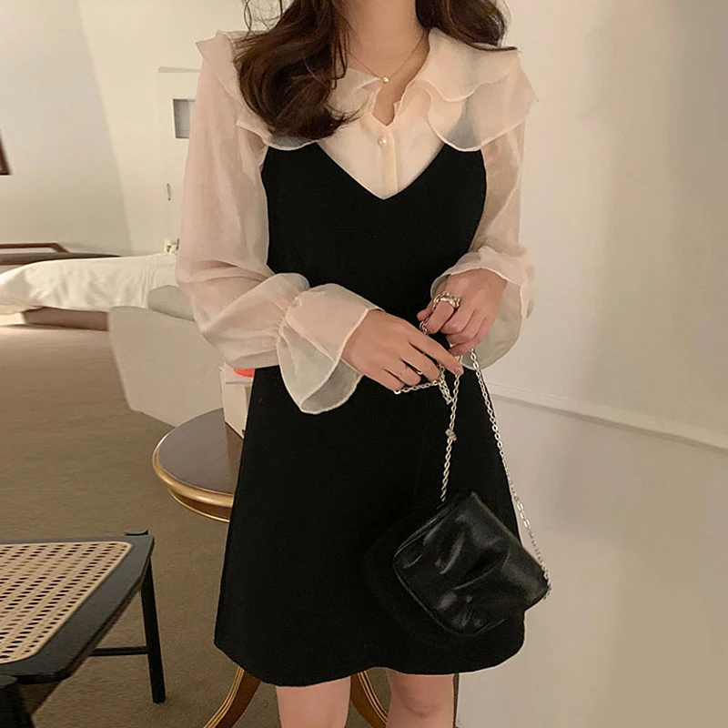 

Chic Spring Doll Collar Trimmed Micro Transparent Bubble Sve irt V Ne Svel Dr Women Faion Set Student Work ...