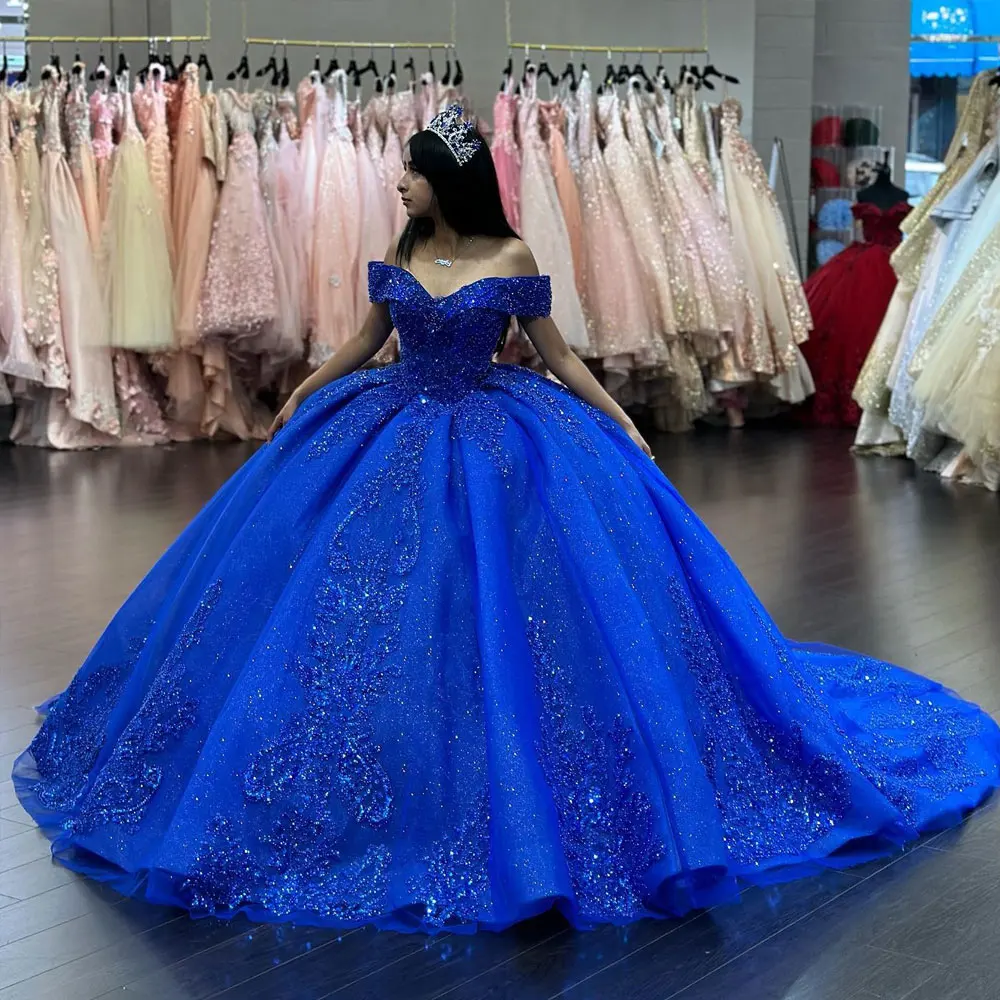 

Роскошное синее бальное платье по индивидуальному заказу, платье Quinceanera, 2024, тюлевое платье принцессы с длинным шлейфом и рюшами, Vestido De 15 Años, праздничное платье Sweet 16