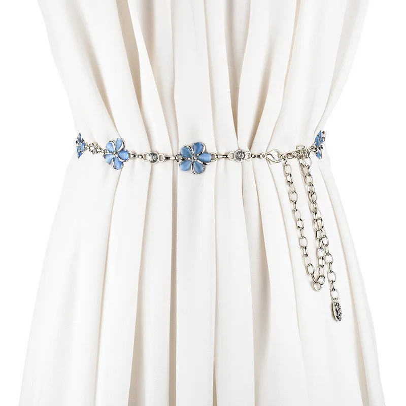 Metal waist chain decorative dress with fashionable rhinestone narrow belt