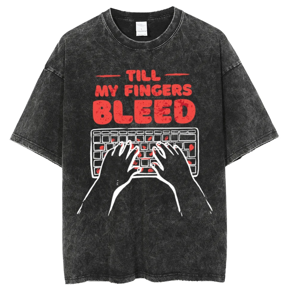 

Till My Fingers Bleed Print Tshirts Unisex Oversized Vintage Wash Denim T-Shirt Cotton Hip Hop T Shirt Quality Luxury Tops Tee