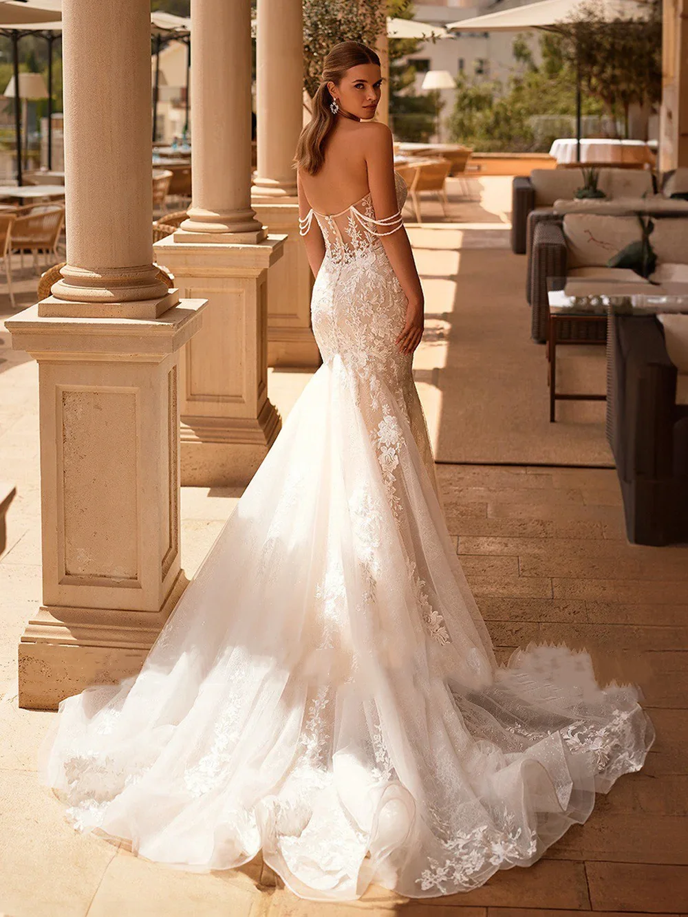 Elegant V-neck Mermaid Wedding Dress Custom Lace Stickers Sweep Train Robe Detachable Pearl Off Shoulder Bridal Dress