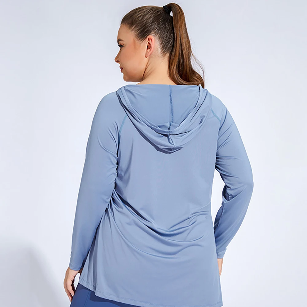 4XL Plus Size Women Loose Fitness Hooded Long Sleeve Quick Dry Sports Top Drawstring Yoga Wear Comfort Running Sportwear