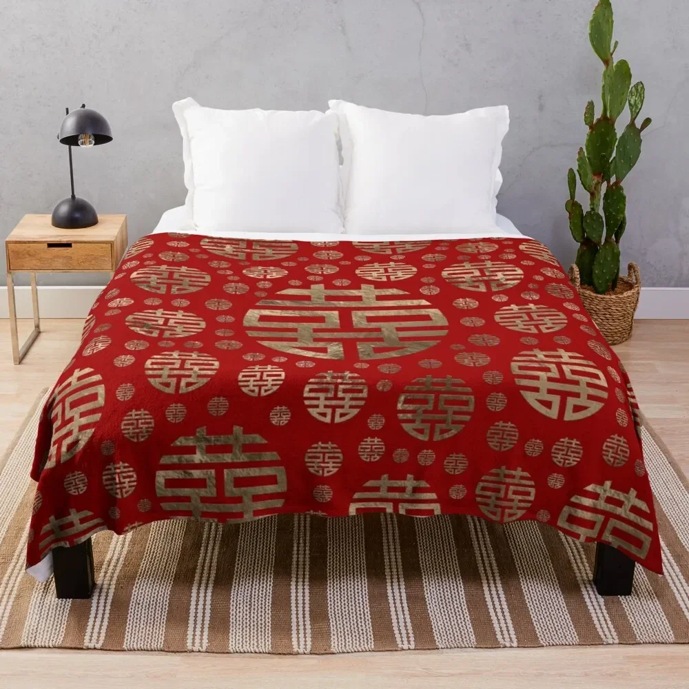 

Double Happiness Symbol pattern - Gold on red Throw Blanket Single Thin Flannels Luxury Winter beds Blankets