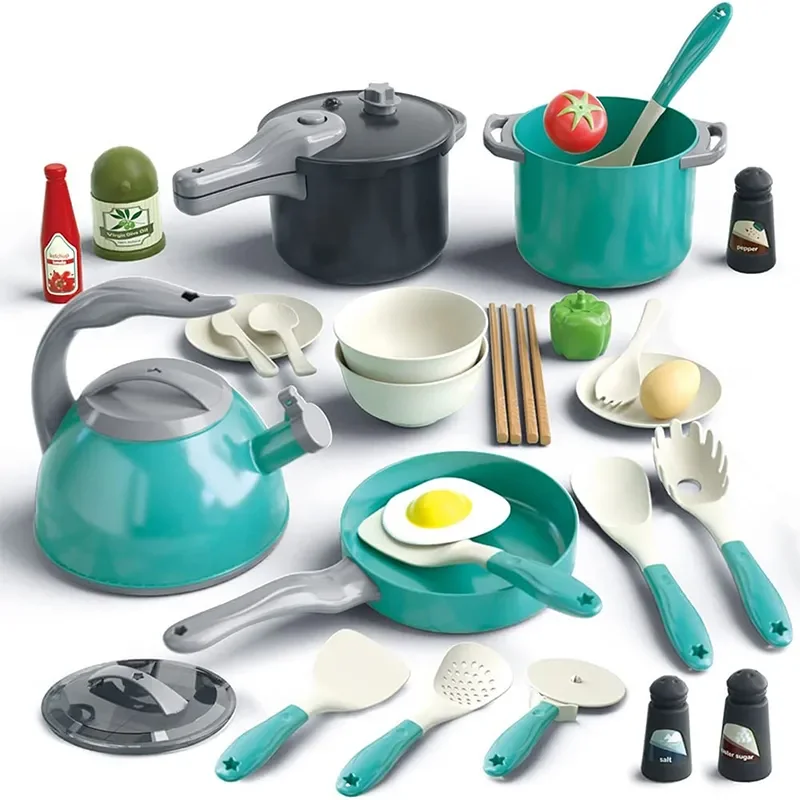 Juego de cocina de 32 piezas para niños y niñas, juego de comida con ollas, utensilios de cocina, juego de rol