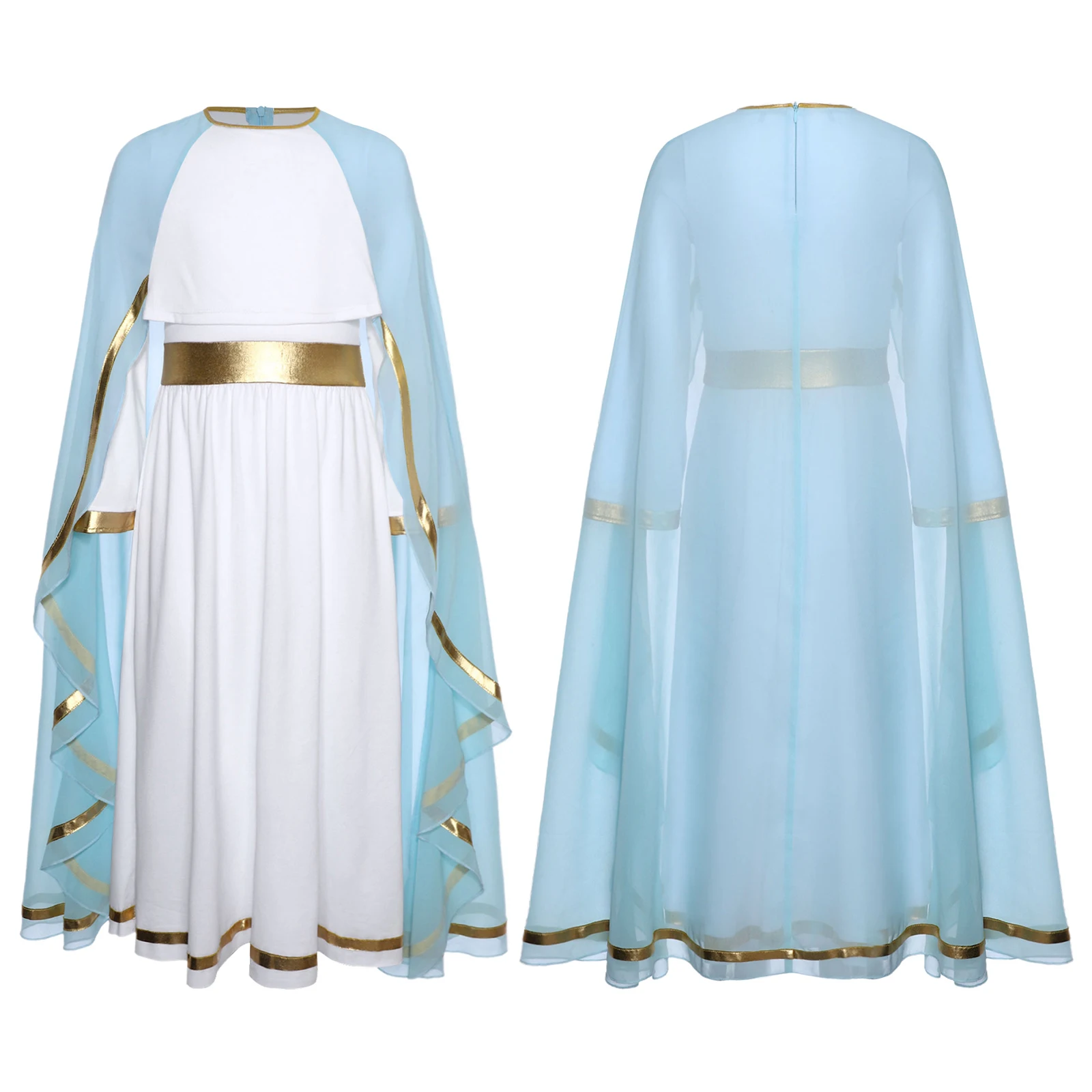 Kids Girls Halloween Ancient Greek Roman Goddesses Virgin Mary Cosplay Costume Church Choir Worship Toga Long Sleeve Cape Dress