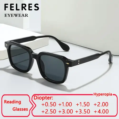 Gafas de sol de lectura teñidas a la moda cuadradas negras, gafas de presbicia para hombres y mujeres, gafas de sol para exteriores, protección UV, dioptrías de 1,0 a 4,0