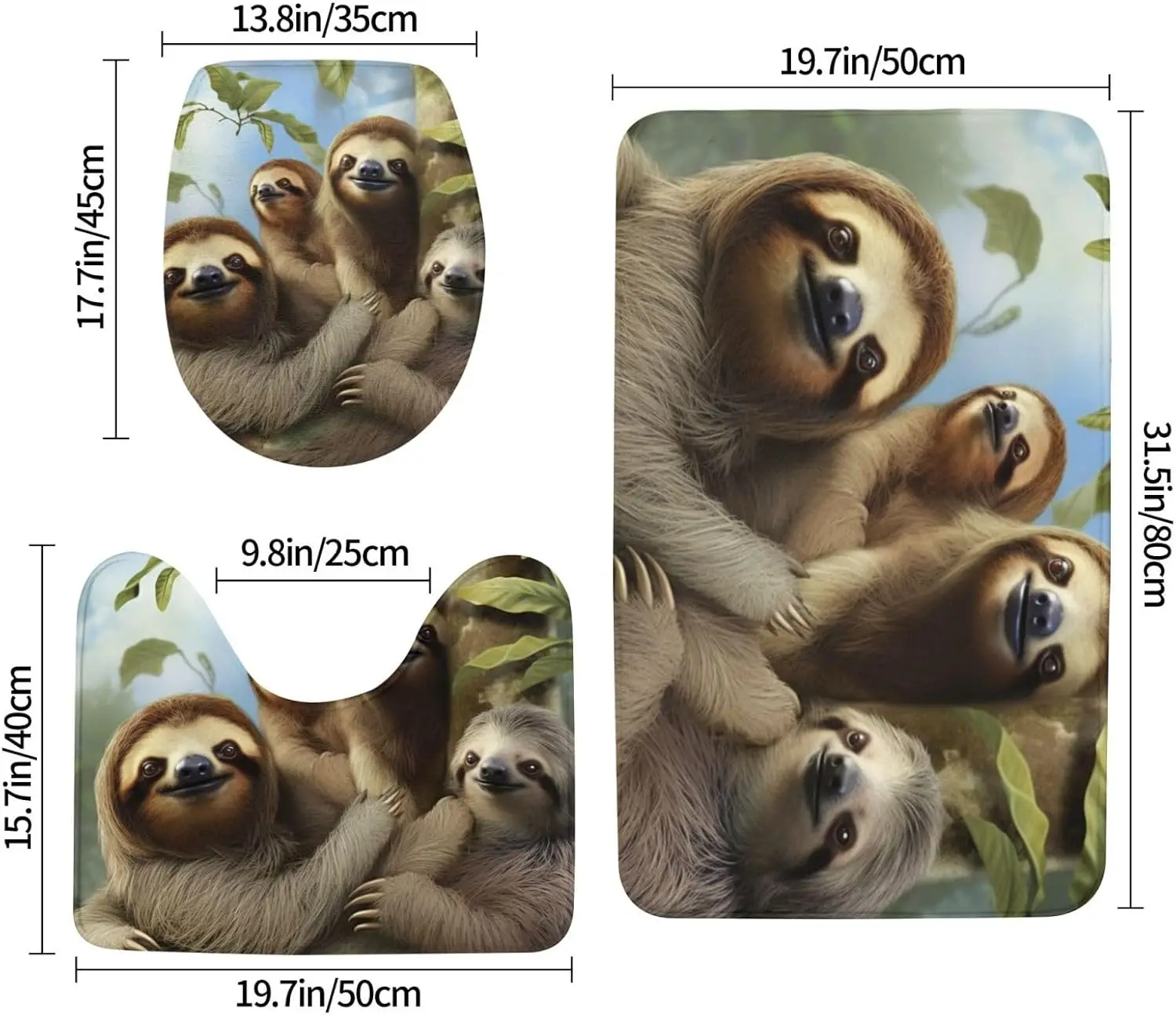 Sloth Family Bathroom Rugs Sets 3 Piece, Non Slip Absorbent Bath Rug U-Shaped Contour Toilet Rug with Toilet Cover