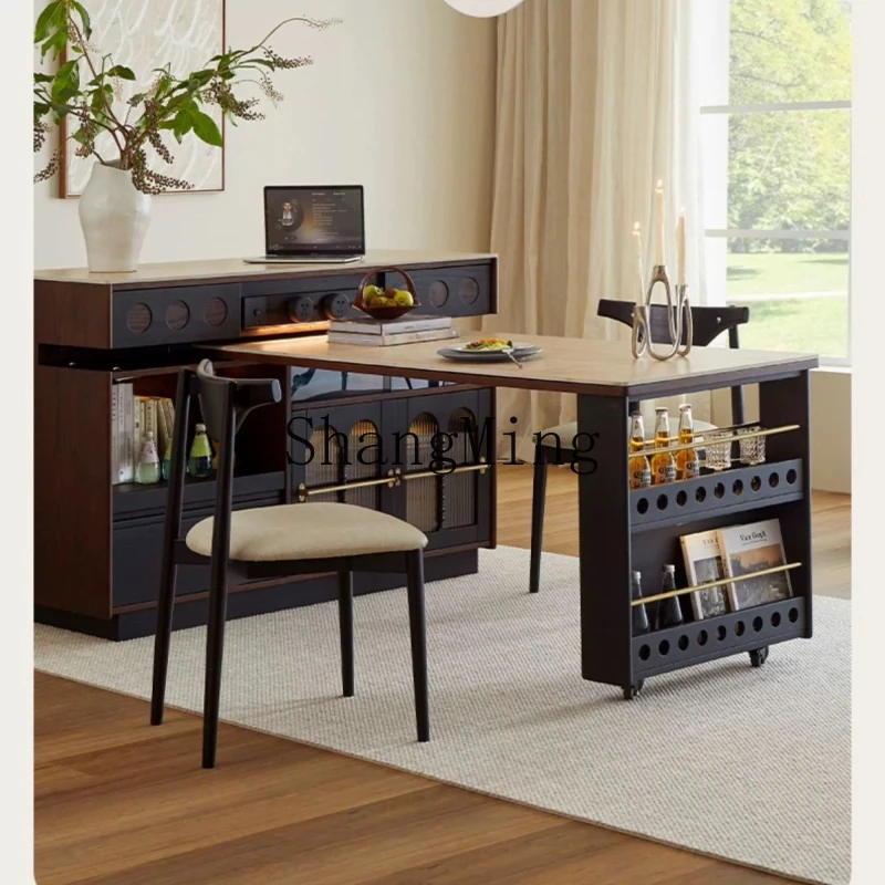 

ZYYsolid wood island dining table integrated light luxury multi-functional rock slab household small retractable bar combination