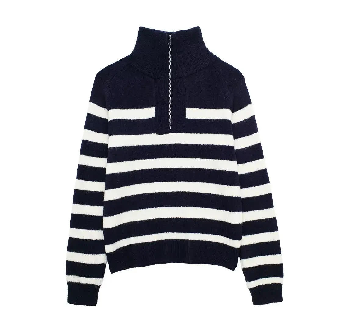 

TRAFZA Women Spring Elegant Tops Turn-Down Collar Female Long Sleeves Black White Stripe Zipper Sporty Knitted Pullover Mujer