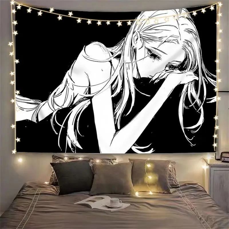 Monochrome Anime Girl Dark Sketch Portrait Wall Tapestry Wall Hanging Teen Bedroom Dorm Decor Black White Cloth