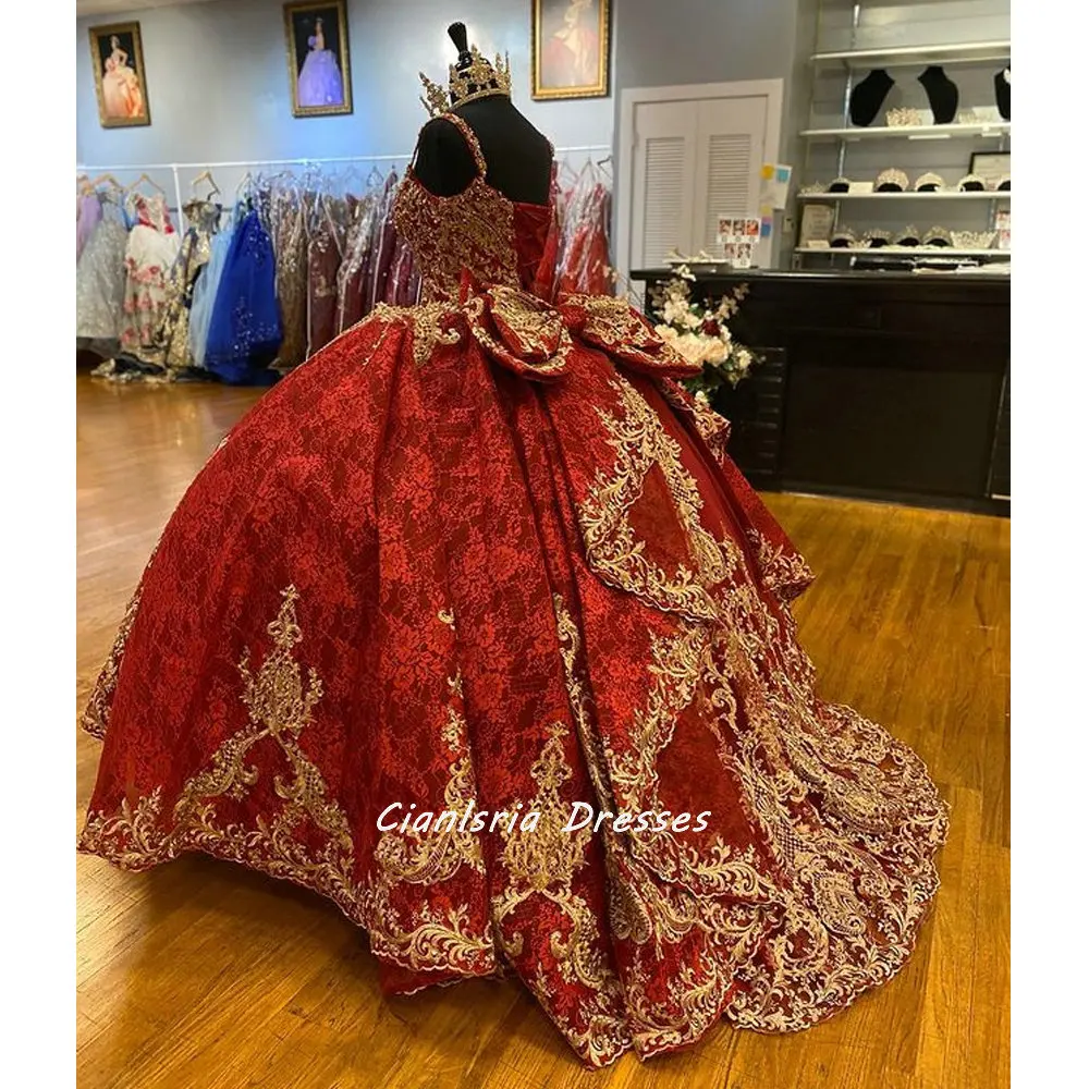 Cintas de espaguete vermelho laço bola vestido quinceanera vestidos com apliques ouro arco babados volta espartilho para doce 15 meninas festa