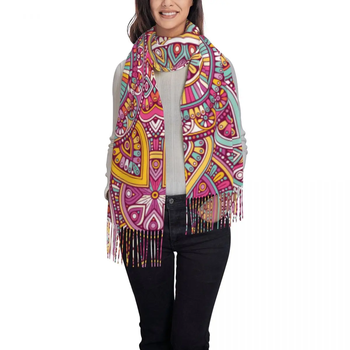 Custom Arabic Indian Ethnic Floral Mandalas Pattern Scarf Wrap Women Long Winter Fall Warm Tassel Shawl Unisex Scarves