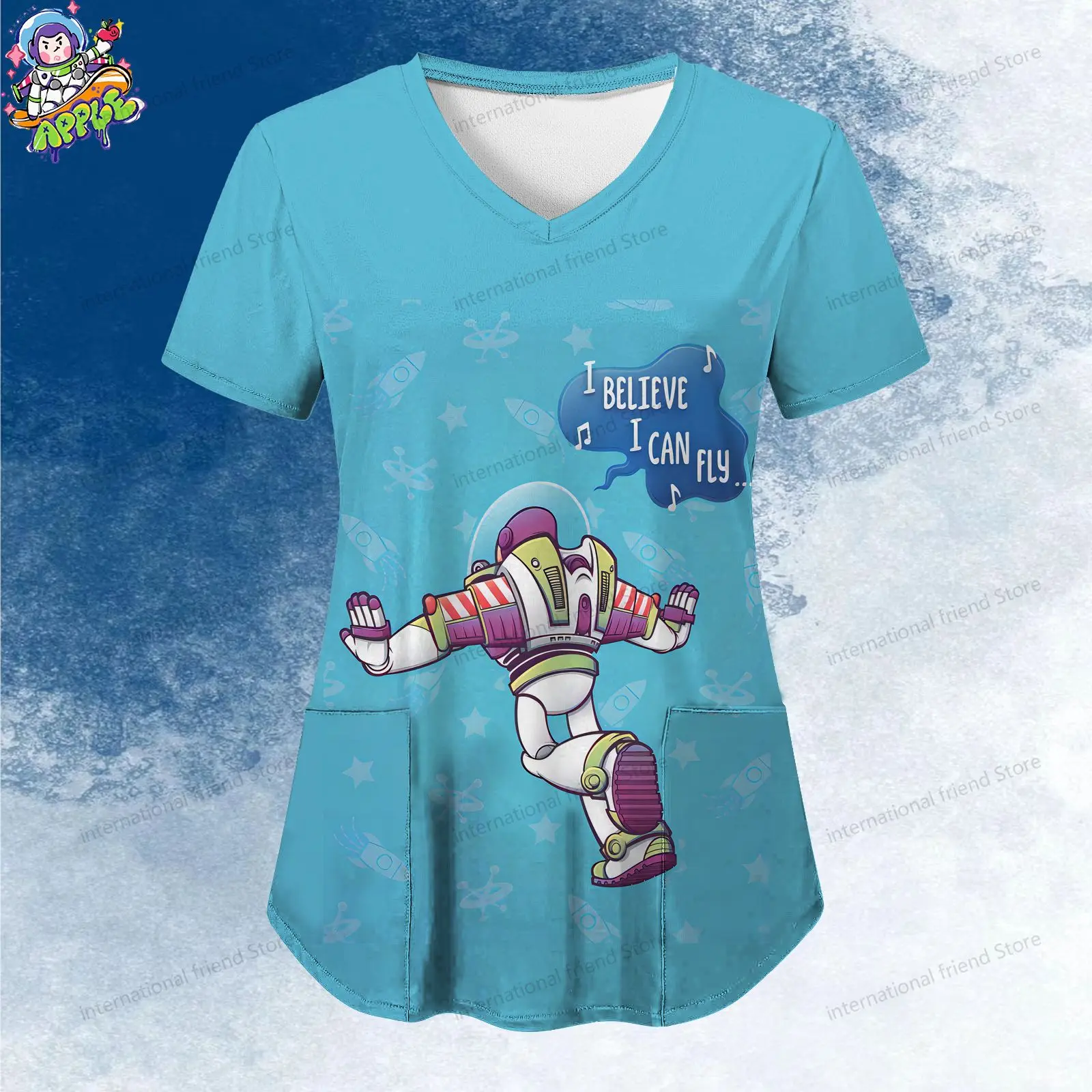 Disney  Toy Story Woody Women's V Neck Nurse Uniform T-Shirt Pocket Summer Short Sleeve S-2XL Youthful Woman Clothes Y2k Kawaii