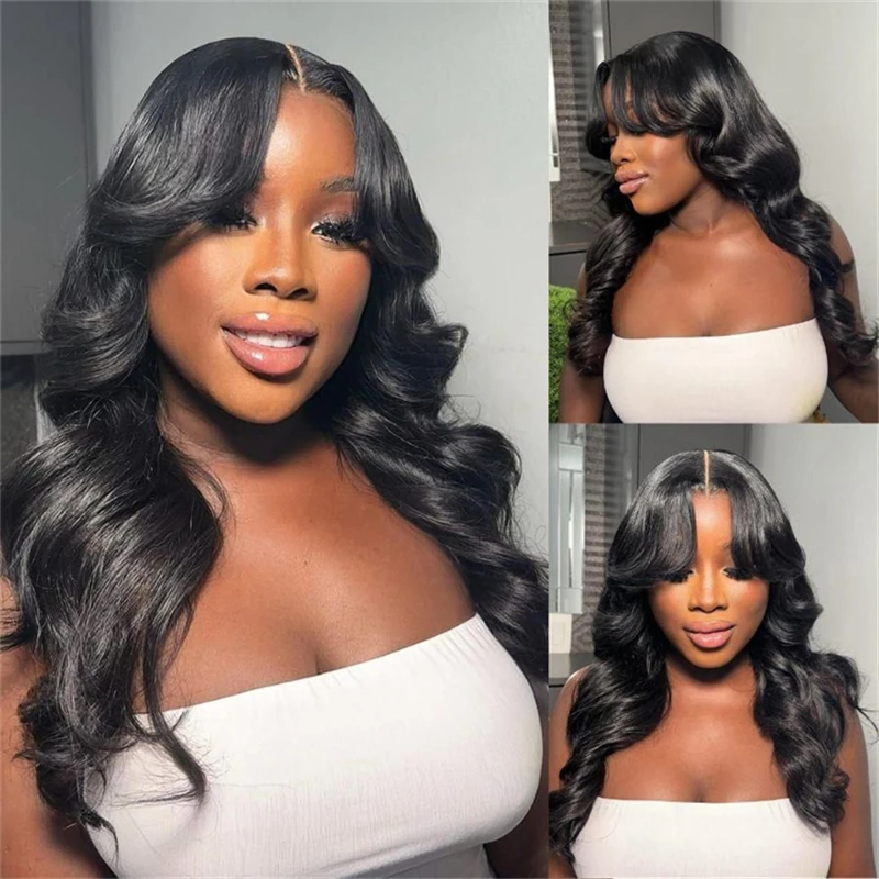 Alimice Bang 여성용 인모 가발, 글루리스 웨이브 레이어드 헤어스타일, 6x5 투명 레이스, 내추럴 블랙 가발