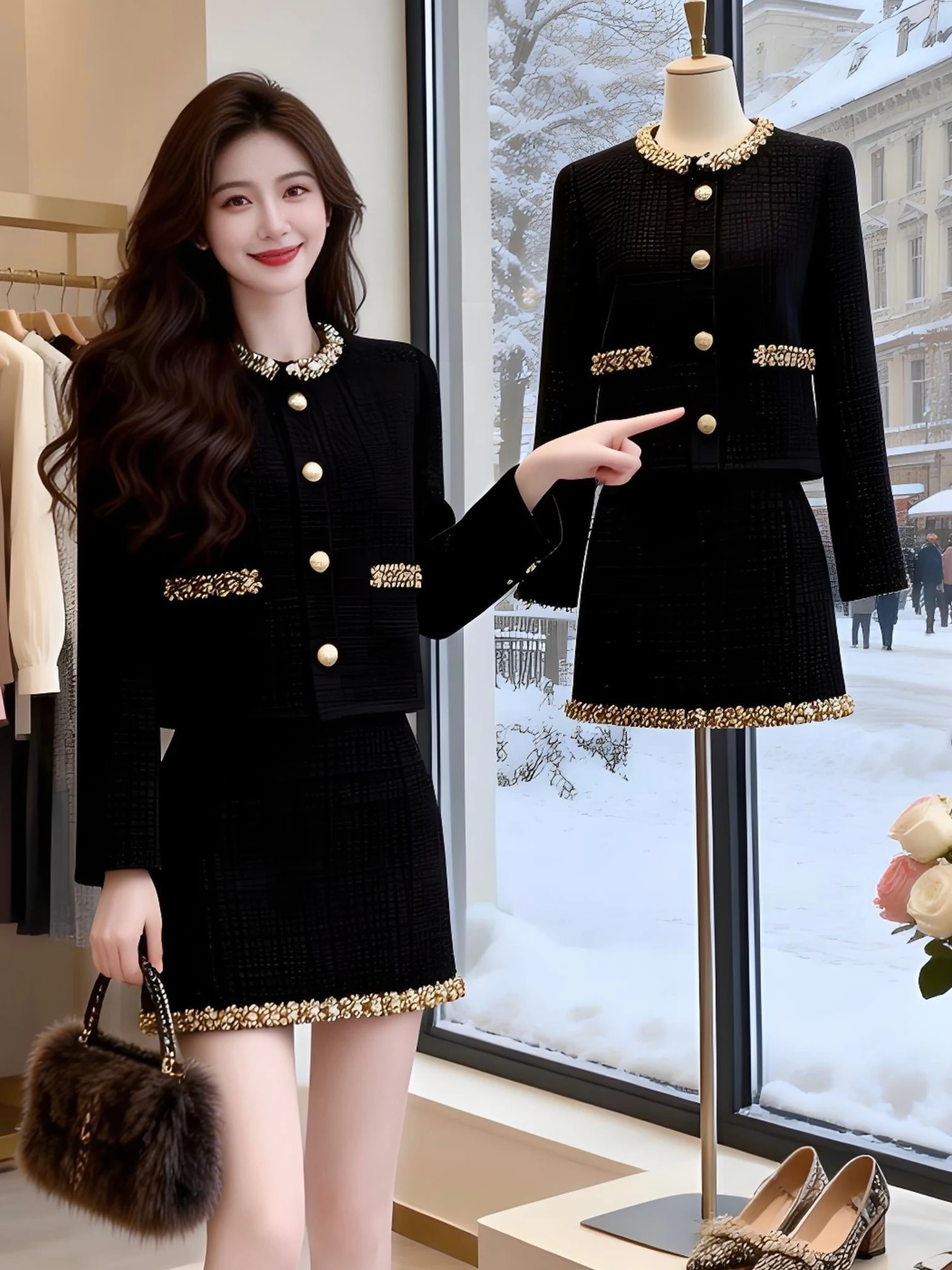 

Short Skirt Set for Ladies High Waist Pure Color Spring Autumn Winter Fashionable Lady Miss Rich Girl Outfit