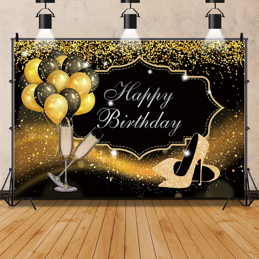 Bajeczne urodziny kobiet wysoki obcas fotografia tło złote kropki balony wystrój rodzina strona portret Photocall tło