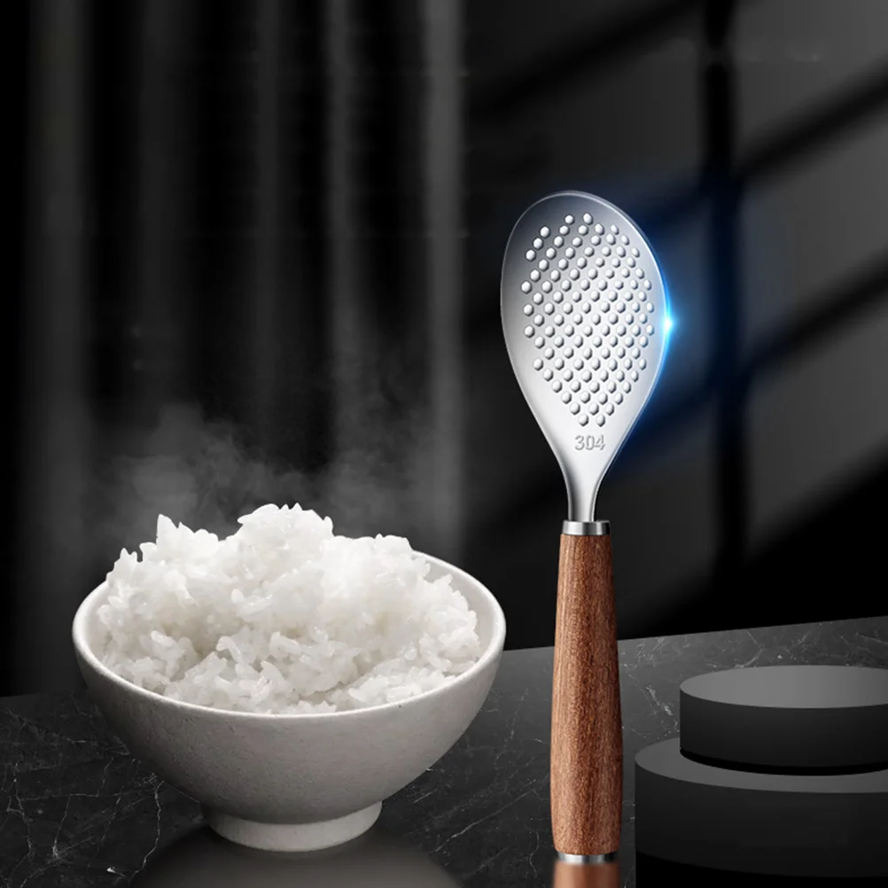 

Stainless Steel Rice Spoon Ergonomic Smooth Easy Clean Wood Handle Kitchen Tableware Serving Multipurpose Food Scoop