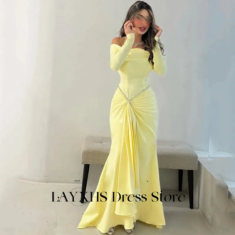 LAYXHS Proste Żółte Sukienki Wieczorowe Odkryte Ramiona Syrena Długie Rękawy Koraliki Plisy Damskie Sukienki na Bal Maturalny Szyte na Miarę فساتين سهر