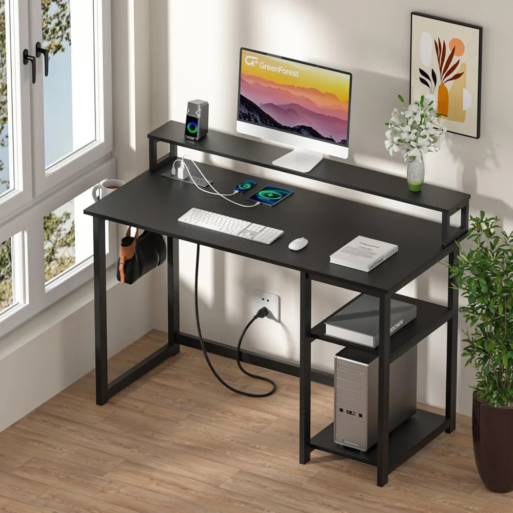 Computer Desk with Power Outlets, Small Home Office Desk with Ergonomic Monitor Stand, Reversible Gaming Desk, Modern Study