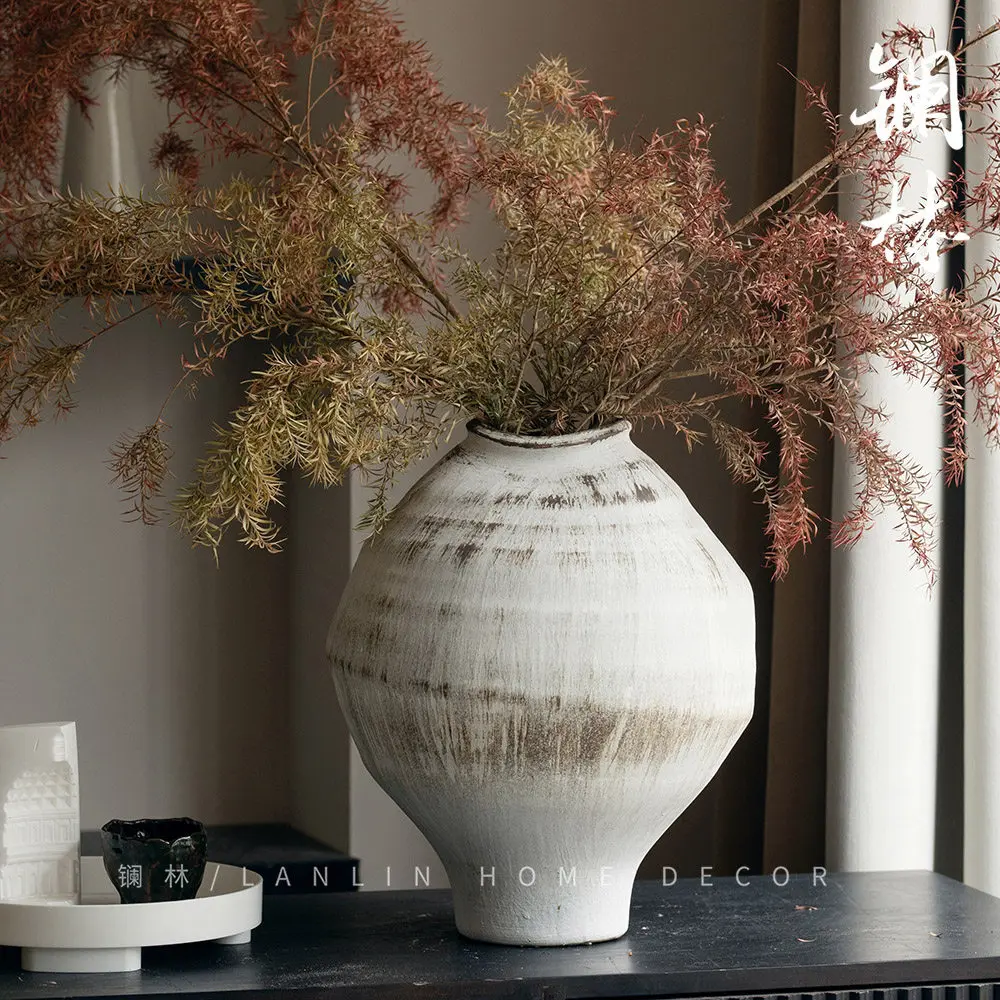 New Chinese Retro Handmade Painting Ceramic Vase Nostalgic Coarse Pottery Indoor Bookcase Flower Arrangement Ornament Picking Up