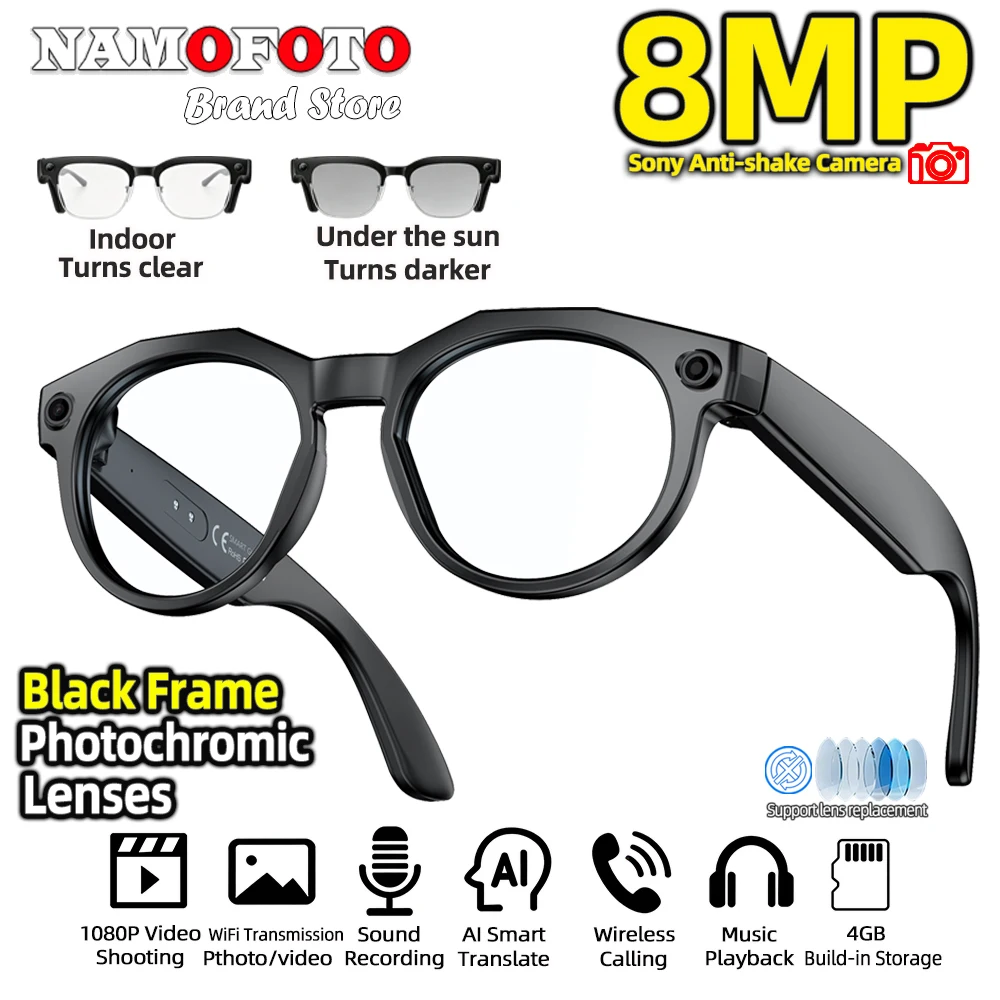 

2026 New AI Smart Glasses 8MP Camera 1080P Video Record BT Call Music Play SI 100+ Languages Translation Sunglasses Men Women