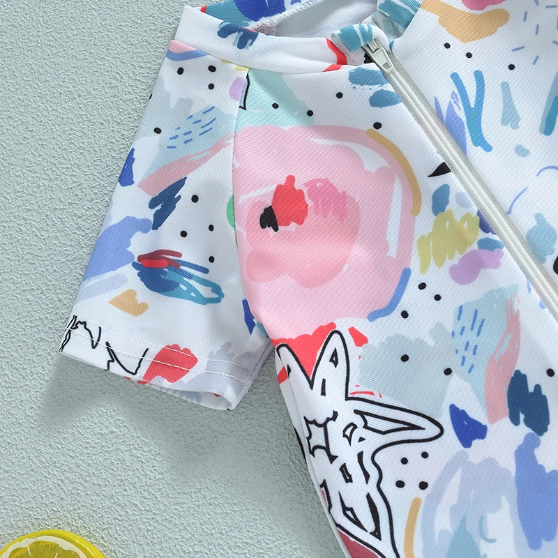 Toddler Baby Boy Girls 1-Piece Swimwear Rompers Short Sleeve Watercolour Print Zipper Bathing Suit Swimming Jumpsuits