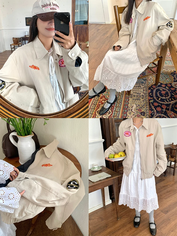 

Куртка NIDEBLA в корейском стиле, с вышивкой, в американском ретро-стиле, с воротником, повседневная, свободная, рабочая, весенняя, из хлопка