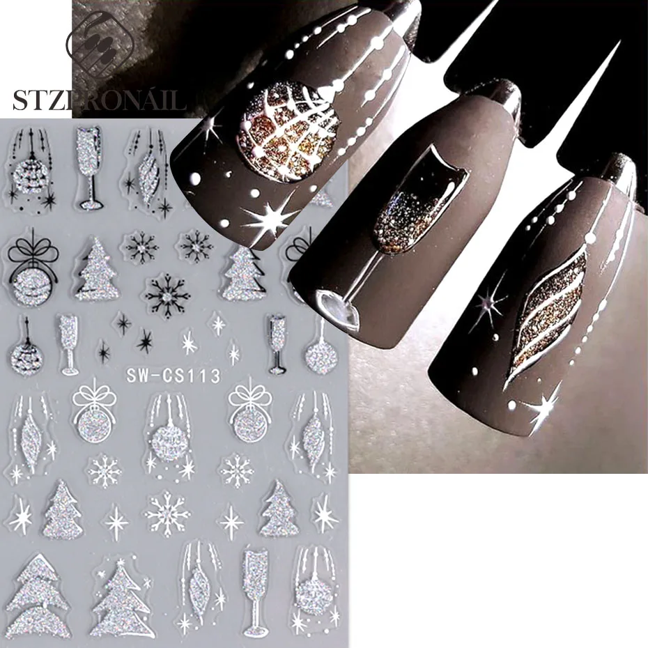 Silver Glitter Christmas Nail Art Sticker 3D Winter Tree Snowflake Feather Leaf Lantern Gift Wine Slider DIY Manicure Accessory