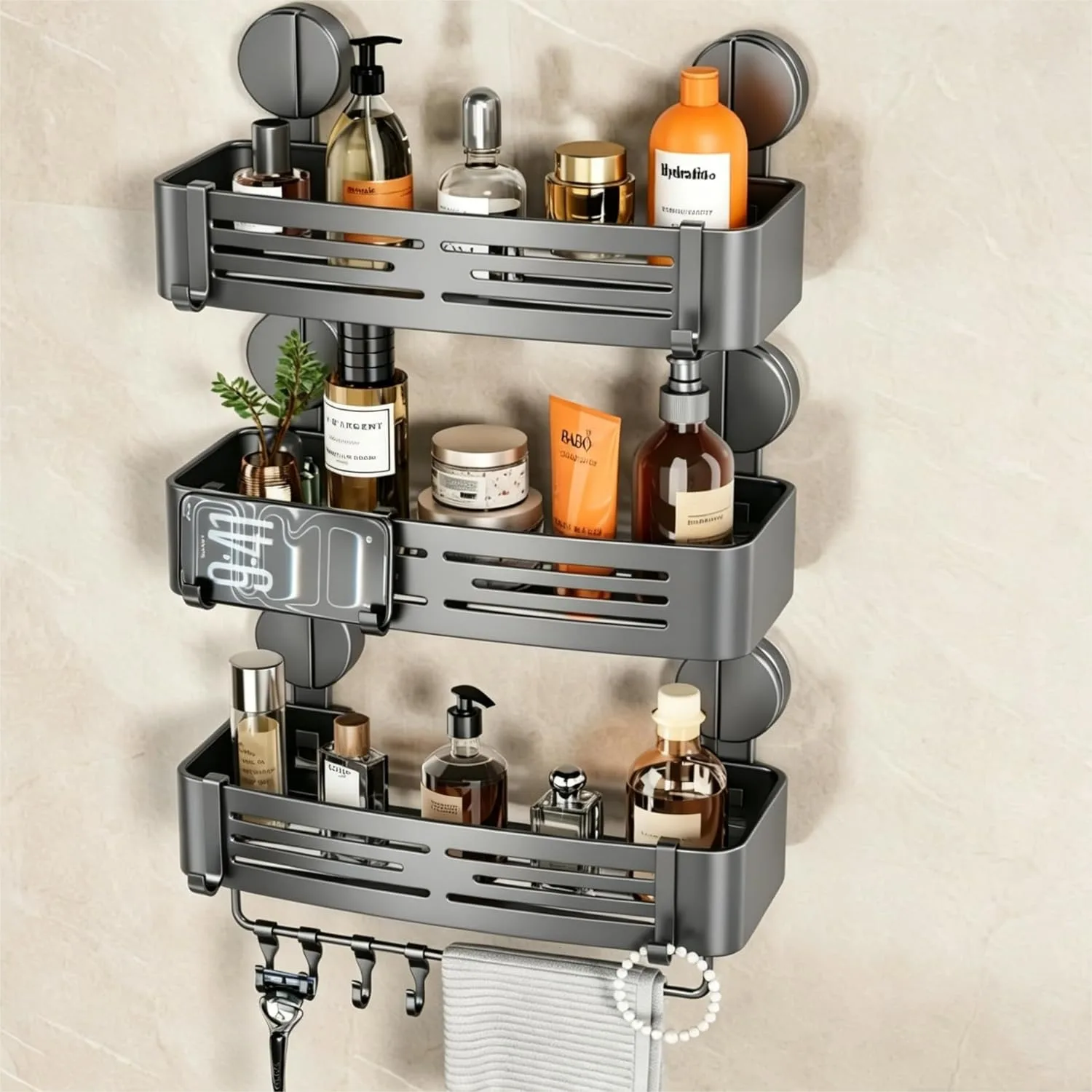 

Shower Caddy Suction Shelf No Drilling Aluminum Wall Mounted Organizer with Towel Bar Hooks 3-Pack Matte Gray