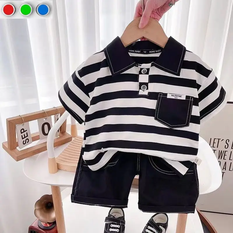 

Korean Kids Clothes Baby Boby Handsome Polo Shirt + Shorts Two Piece Set Summer Thin Kids Striped Top and Bottom Clothes Set