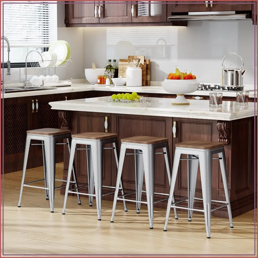 24 inch Bar Stools Set of 4 Stackable Counter Height Backless Metal Silver for Kitchen Island Dining