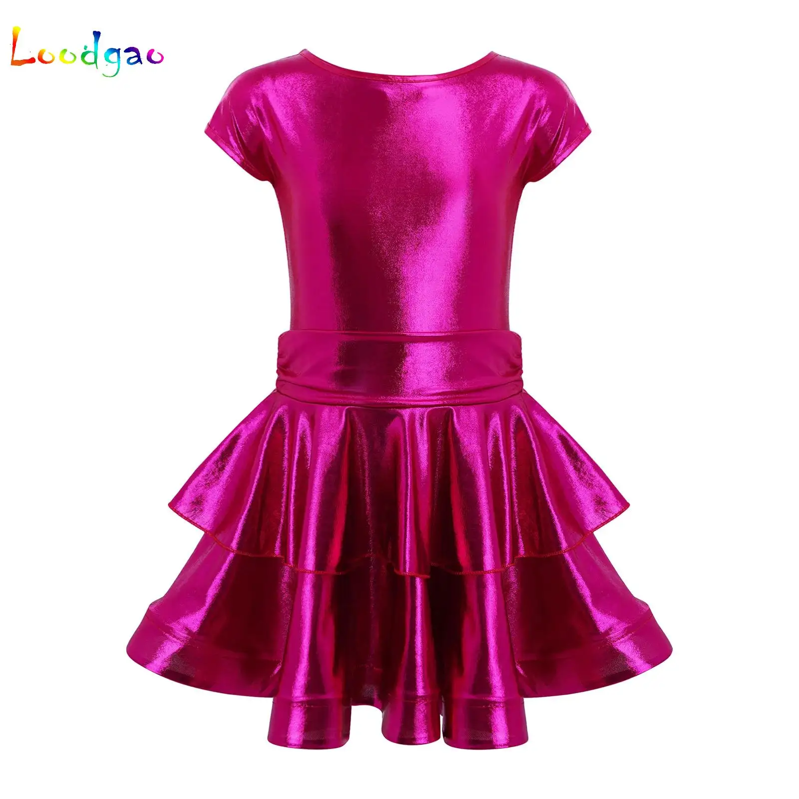 Kids Girls Tiered Ruffled Metallic Dress Ballet Latin Dance Performance Costume Figure Skating Gymnastics Modern Jazz Dancewear